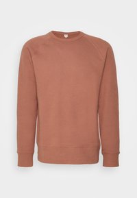 Sudadera de color óxido con cuello redondo, mangas largas y puños y dobladillo acanalados. Fabricada con una suave tela de peso medio con una textura lisa.
