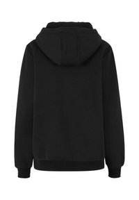 Felpa nera con cappuccio, dotata di un cappuccio spazioso, polsini e orlo a coste, con una texture liscia e un design minimalista. Senza loghi o pattern visibili.