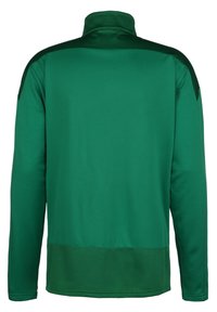 Maglione verde a maniche lunghe con colletto alto, caratterizzato da accenti spalla in verde scuro a contrasto e un tessuto testurizzato nella parte inferiore.