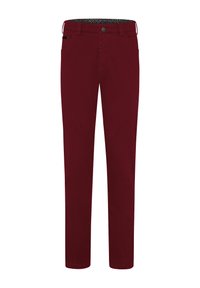 Bordeauxrode katoenen broek met een rechte pijp, voorzien van zijzakken en een patroon aan de binnenkant van de tailleband.