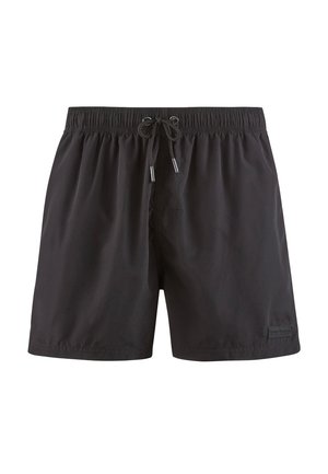Schwarze Schwimmshorts mit elastischem Bund und Kordelzug. Glatte Textur mit Logo-Akzent. Klassischer Trunk-Stil, knielanger Schnitt.
