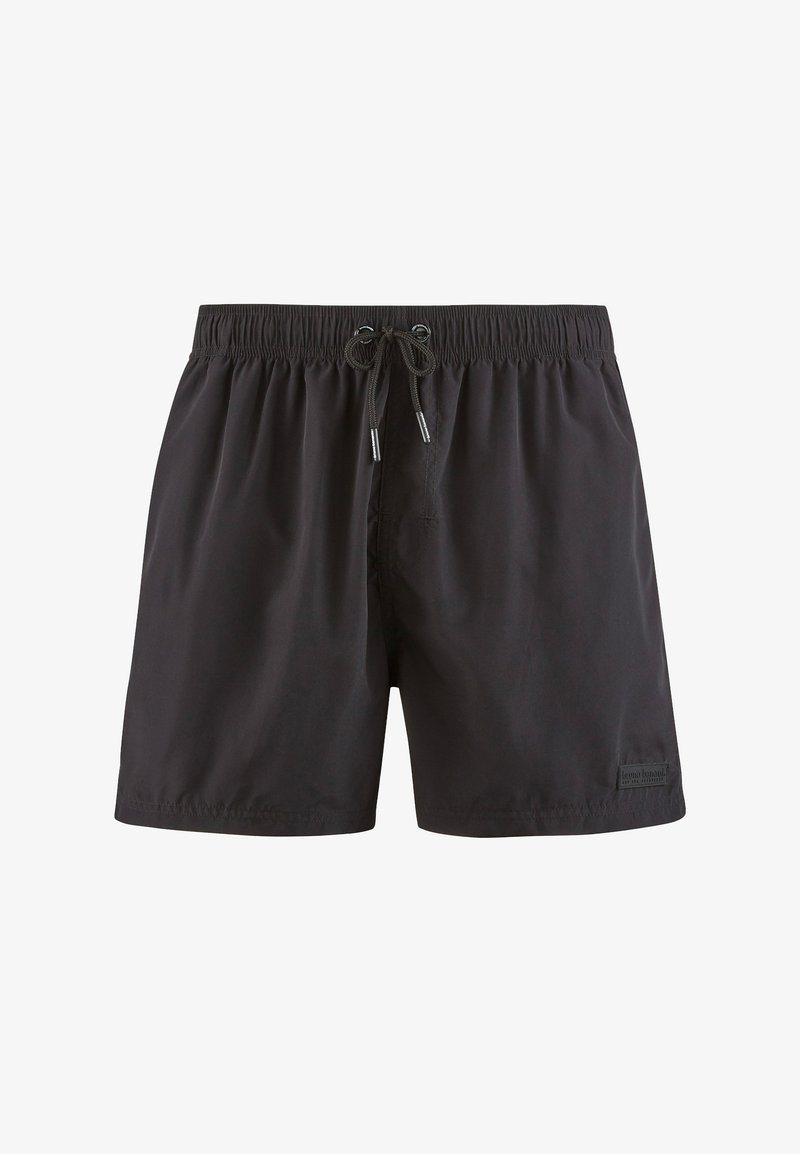 Schwarze Schwimmshorts mit elastischem Bund und Kordelzug. Glatte Textur mit Logo-Akzent. Klassischer Trunk-Stil, knielanger Schnitt.