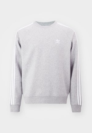 Grauer Sweatshirt mit Rundhalsausschnitt, langen Ärmeln und weißen Seitenstreifen. Kleines weißes Logo auf der Brust. Weicher Stoff mit gerippten Bündchen.