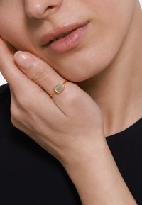 Anello d'oro con una pietra rettangolare, dotato di una sottile fascia. La pietra è incorniciata da un delicato bordo testurizzato. Design semplice e minimalista.