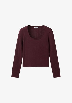 Bordeauxrotes Langarmshirt aus strukturiertem Stoff mit Rundhalsausschnitt und kurzem Schnitt.