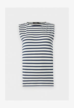 Αμάνικο τοπ με οριζόντιες ρίγες σε σκούρο μπλε και λευκό, στρογγυλή λαιμόκοψη και ελαφρώς επενδυμένη λεπτομέρεια στον ώμο.