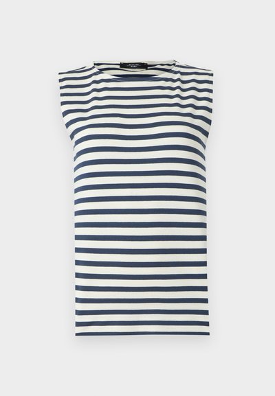 Αμάνικο τοπ με οριζόντιες ρίγες σε σκούρο μπλε και λευκό, στρογγυλή λαιμόκοψη και ελαφρώς επενδυμένη λεπτομέρεια στον ώμο.