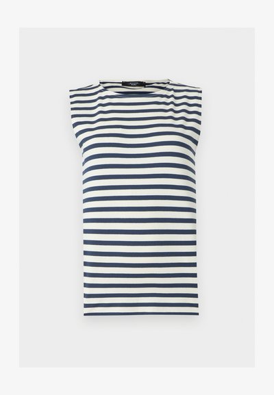 Αμάνικο τοπ με οριζόντιες ρίγες σε σκούρο μπλε και λευκό, στρογγυλή λαιμόκοψη και ελαφρώς επενδυμένη λεπτομέρεια στον ώμο.