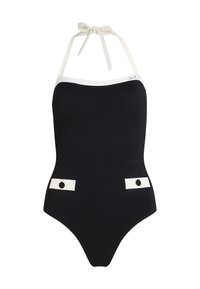 Costume intero nero con tessuto texture, dettagli bianchi sul collo e sui lati, e spalline con fiocco sul retro.