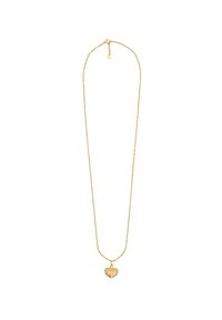 Guld kæde med en snoet kæde og en hjerteformet vedhæng med detaljeret design og små perleaccentuer.
