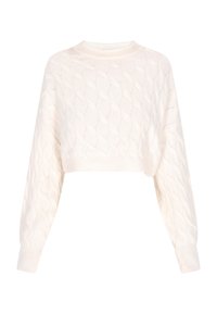 Crème-kleurige cropped sweater van gebreide stof met een kabelpatroon, brede mouwen en een geribbelde halslijn en manchetten.