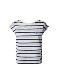 Striped crew neck t-shirt in navy and white, short sleeves, soft cotton material, featuring a small logo on the left chest.