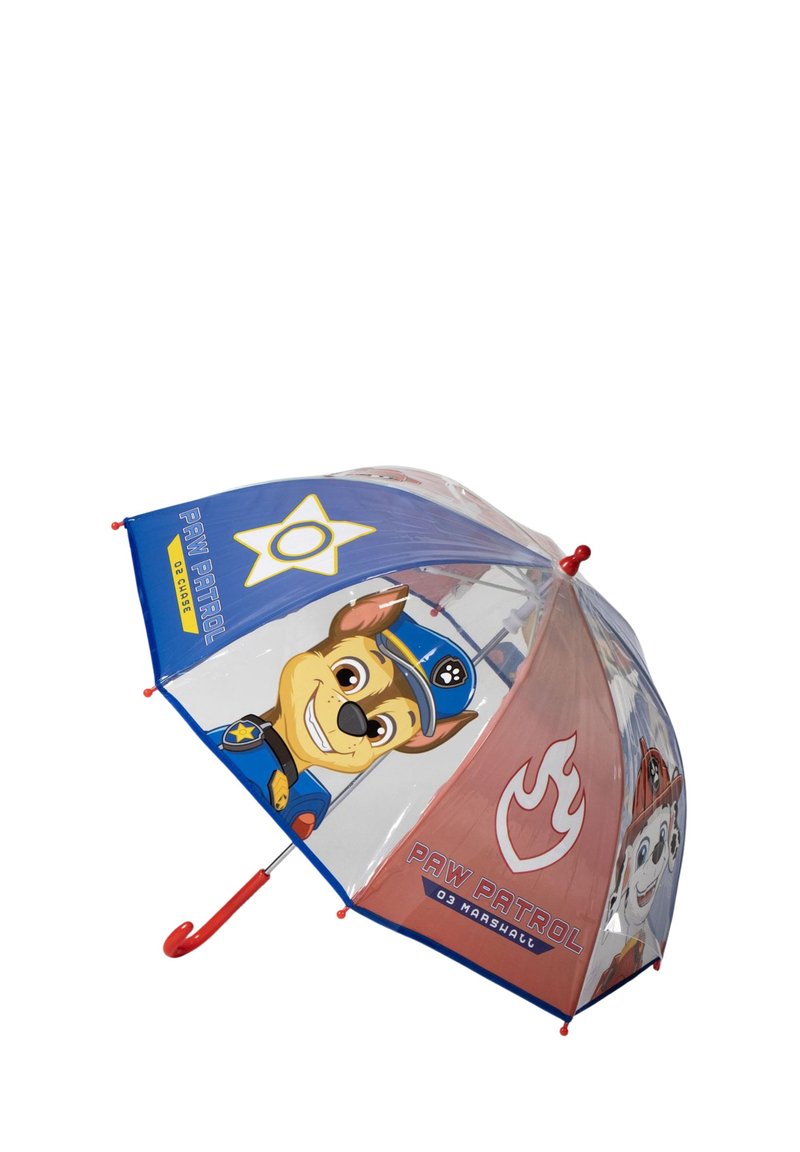 Kinderparaplu met Paw Patrol-personages Chase en Marshall, met een rode handgreep en kleurrijke panelen.