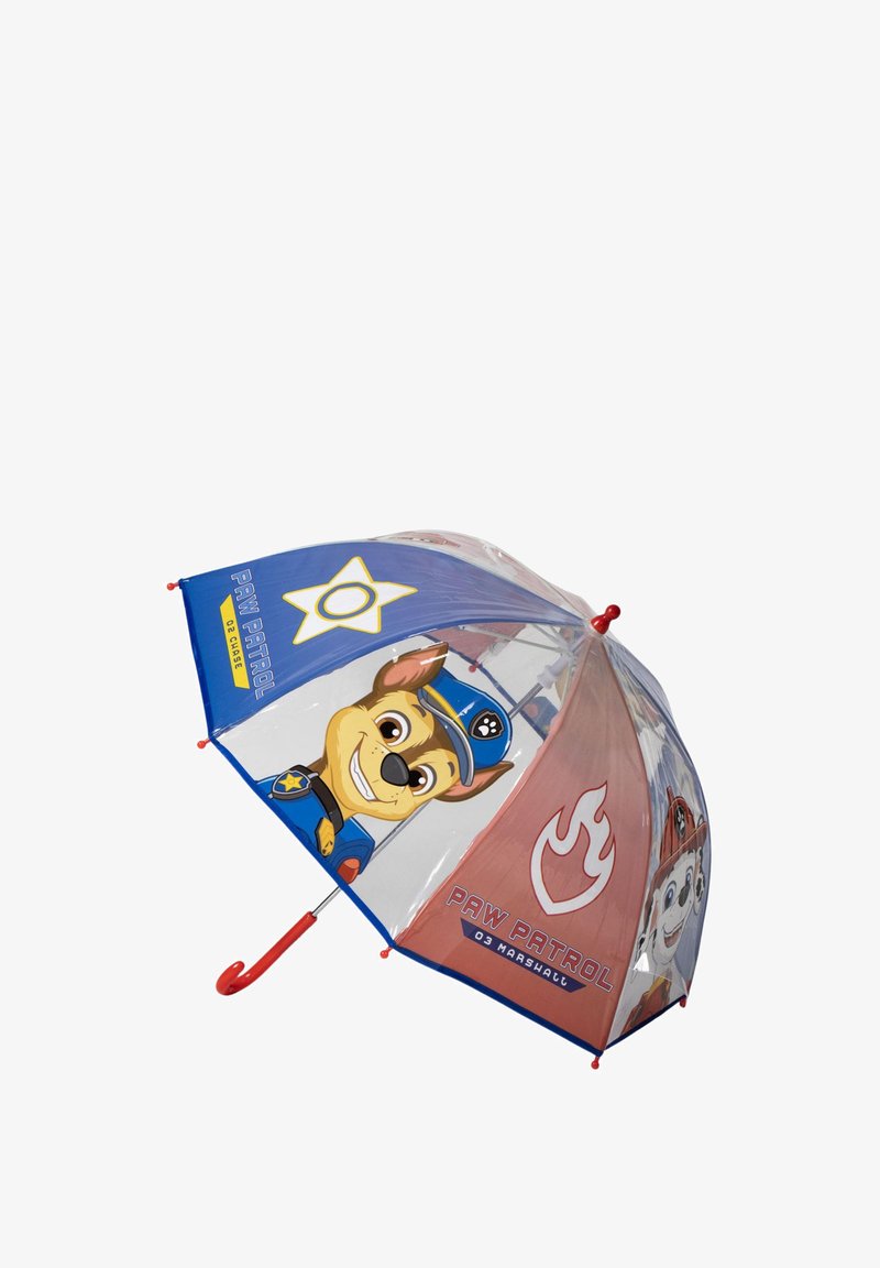 Kinderparaplu met Paw Patrol-personages Chase en Marshall, met een rode handgreep en kleurrijke panelen.