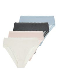 Vier paren damesonderbroek in wit, roze, blauw en charcoal. Zachte katoenen stof met kant langs de taille en beenopeningen.