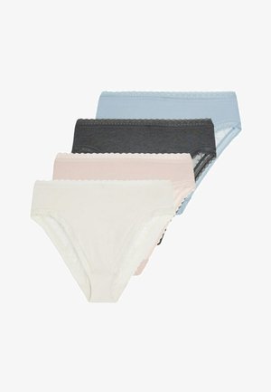 Four pairs of women's briefs in white, pink, blue, and charcoal. Soft cotton material with lace trim along the waist and leg openings.