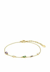 Pulsera de cadena de oro con cinco piedras preciosas de colores en diferentes formas, con un cierre tipo langosta y cadena ajustable para un ajuste perfecto.