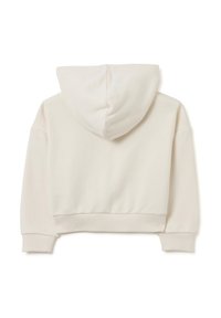 Lichtbeige cropped hoodie van katoen met een trekkoordcapuchon, ribbelmanchetten en -zoom. Glad textuur en eenvoudig ontwerp zonder grafische elementen.