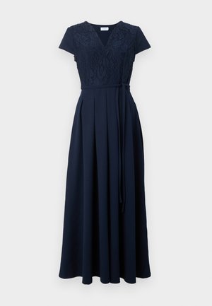 Tmavě modré maxi šaty s krátkými rukávy, krajkovým živůtkem, výstřihem do V, zavazováním v pase a plisovanou splývavou sukní.