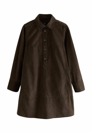 Ruskean korduroy-paita-mekko, jossa on kaulus, nappikiinnitys, pitkät hihat ja rento leikkaus. Ominaisuuksiin kuuluu pystysuora pinta ja sivusaumaverkkotaskut.