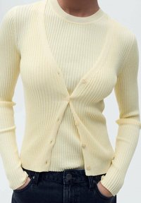 Rybkovaný, svetložltý kardigán s výstrihom do V, plnými rukávmi a gombíkmi. Nosí sa cez ladiaci sveter, v kombinácii s tmavými džínami.