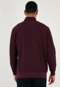Sudadera burdeos con textura de canalé, cuello alto, mangas largas y puños y dobladillo elásticos. Diseño sencillo sin logotipos ni patrones visibles.