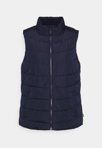 Marinblå pufferväst, ärmlös design med hög krage, horisontell quiltad mönster, framdragkedja och sidofickor.