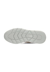 Suela de una zapatilla en gris claro, con un patrón de dibujo geométrico que presenta acentos elevados y áreas texturizadas para mayor agarre.