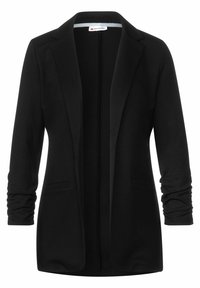 Svart blazer för kvinnor med rynkade långa ärmar, öppen front, notch-lapel krage och två framfickor med slits.