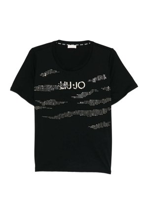 T-shirt nera a maniche corte con collo rotondo, caratterizzata da motivi a puntini riflettenti argentati e logo "LIU JO" sul petto.