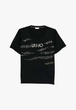 T-shirt nera a maniche corte con collo rotondo, caratterizzata da motivi a puntini riflettenti argentati e logo "LIU JO" sul petto.