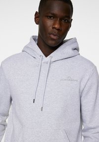 Ljusgrå hoodie i mjukt tyg; har en framficka, dragkedjor med metalltips och en subtil logotyp på övre bröstområdet.