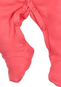 Coral infant onesie featuring a soft cotton material, snap buttons along the side, and enclosed feet for warmth.