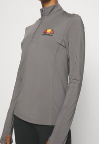 Šedý top s dlouhými rukávy, vysokým límcem, předním zapínáním na půl zipu a vyšívaným vícebarevným logem na hrudi. Hladká, elastická látka.