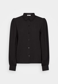 Blouse noire à manches longues avec un col, des boutons sur le devant et des manches bouffantes. Présente une bordure en dentelle autour du col.