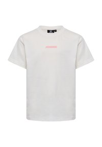 Weißes Baumwoll-T-Shirt mit kurzen Ärmeln und Rundhalsausschnitt. Mit einem kleinen rosa "HUMMEL"-Logo in der Mitte. Einfaches Design, lockere Passform.
