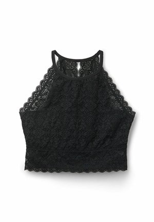 Zwarte kanten bralette met een hoge halsontwerp, golvende randen en een ingewikkeld bloemenpatroon. Zachte stoftextuur, zonder voering of padding.