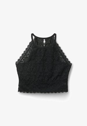 Zwarte kanten bralette met een hoge halsontwerp, golvende randen en een ingewikkeld bloemenpatroon. Zachte stoftextuur, zonder voering of padding.