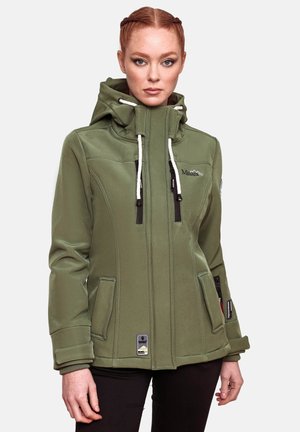 Green softshell jacket with a high collar, adjustable hood, and zippered pockets. Features contrasting black zippers and branded accents.