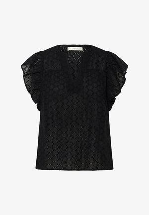 Černá blůza s výstřihem do V, krátkými volánkovými rukávy a geometrickým vzorem v síťovém designu. Vyrobena z lehké látky.