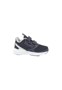 Scarpa atletica nera con parte superiore in mesh, suola bianca, doppie cinghie in velcro e dettagli grigi; presenta una punta arrotondata e un design testurizzato.