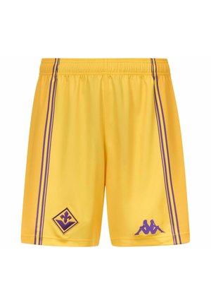 Pantaloncini sportivi gialli con strisce verticali viola, vita elasticizzata e due loghi viola vicino all'orlo su ogni gamba.