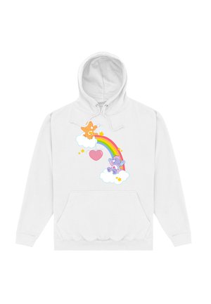 Biała bluza z kapturem z kolorowym nadrukiem przedstawiającym brązowego niedźwiedzia i fioletowego misia na chmurach z tęczą i różowym sercem, zaprojektowana w stylu kreskówkowym.