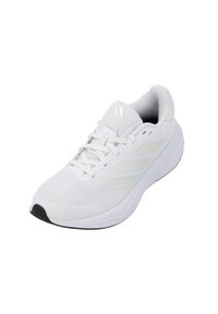 Chaussure de sport blanche avec matériau en mesh, tige texturée, design à trois bandes tonales et semelle extérieure en caoutchouc noir. Fermeture à lacets standard.