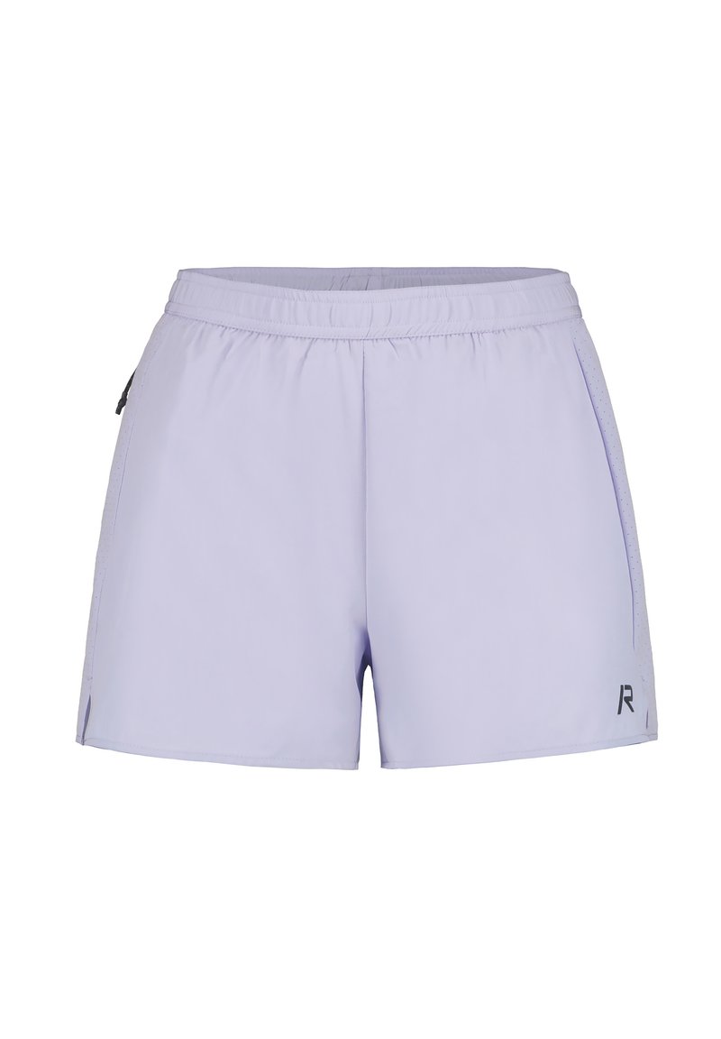 Pantalones cortos deportivos de color púrpura claro con cintura elástica, bolsillos laterales y acentos de malla. Presenta un pequeño logo negro en la parte inferior de la pierna izquierda.
