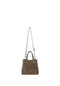 Braune Wildleder-Handtasche mit doppelten Griffen und verstellbarem langen Riemen, mit silberfarbenen Metallringen und "wojas"-Logo auf der Vorderseite.