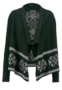 Mörkgrön cardigan med öppen framsida. Har silverfärgade geometriska mönster längs nederkanten och baksidan. Mjuk ull-liknande textur.