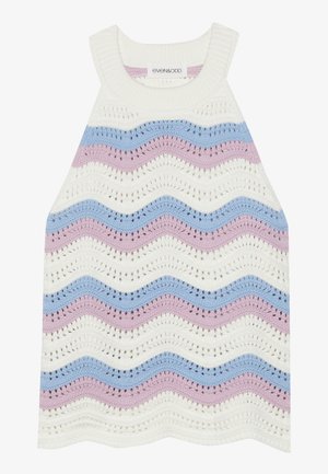 Crochet tank top featuring a wave pattern in white, blue, and lavender. It has a ribbed neckline and open weave texture.