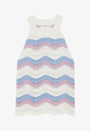 Häkelndes Trägershirt mit Wellenmuster in Weiß, Blau und Lavendel. Es hat einen gerippten Halsausschnitt und eine offene Struktur.