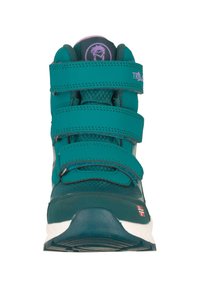 Zapatilla alta en color teal con tres correas de velcro, fabricada con tejido de malla, un logo en la lengüeta y una pequeña bandera noruega en el costado.